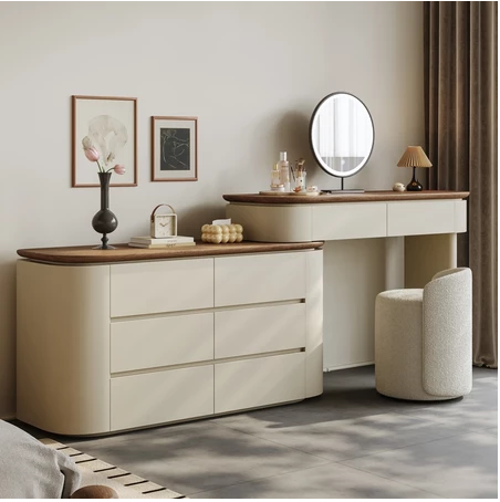 梳妝台/實木梳妝台/ 轉角化妝台可伸縮化妝桌斗櫃化妝台一體胡桃木紋檯面