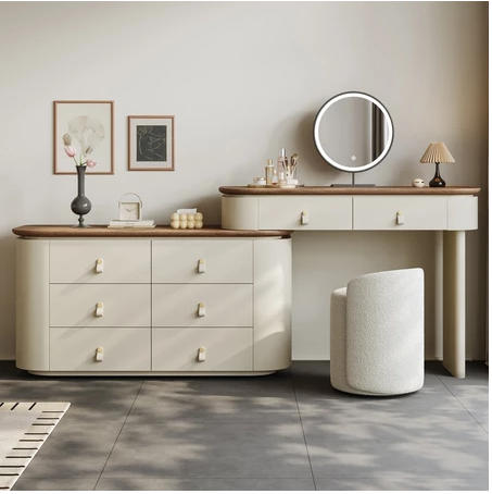 梳妝台/實木梳妝台/ 轉角化妝台可伸縮化妝桌斗櫃化妝台一體胡桃木紋檯面 - Image 2