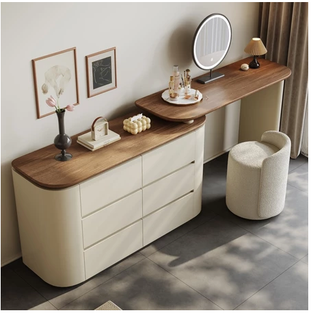 梳妝台/實木梳妝台/ 轉角化妝台可伸縮化妝桌斗櫃化妝台一體胡桃木紋檯面 - Image 4