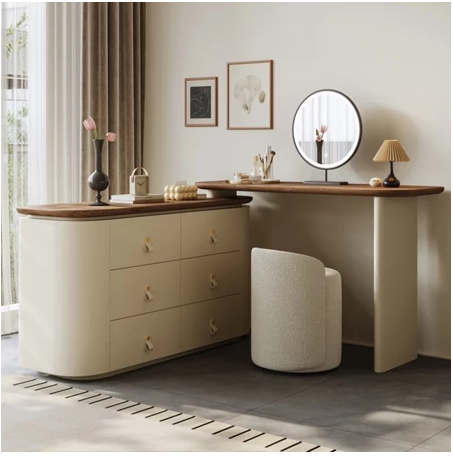 梳妝台/實木梳妝台/ 轉角化妝台可伸縮化妝桌斗櫃化妝台一體胡桃木紋檯面 - Image 3